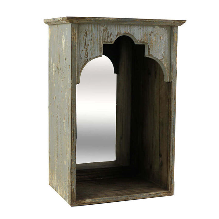 Rustic arched wall niche with mirror, distressed wood design for vintage home decor.