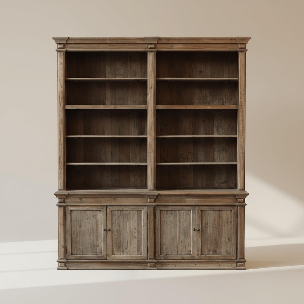 Wooden bookshelf with open shelves and closed doors on a beige background