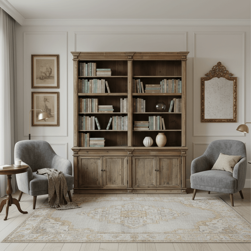 Wooden bookshelf in a room with two gray chairs and decorative elements.