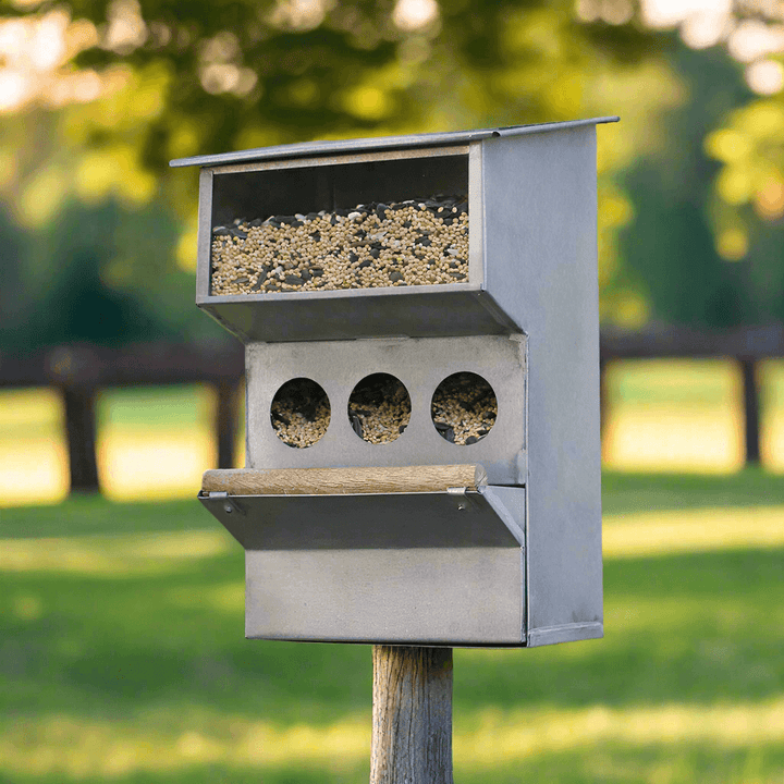 Rustic farmhouse bird feeder crafted from galvanized metal, designed for multiple birds and outdoor charm.