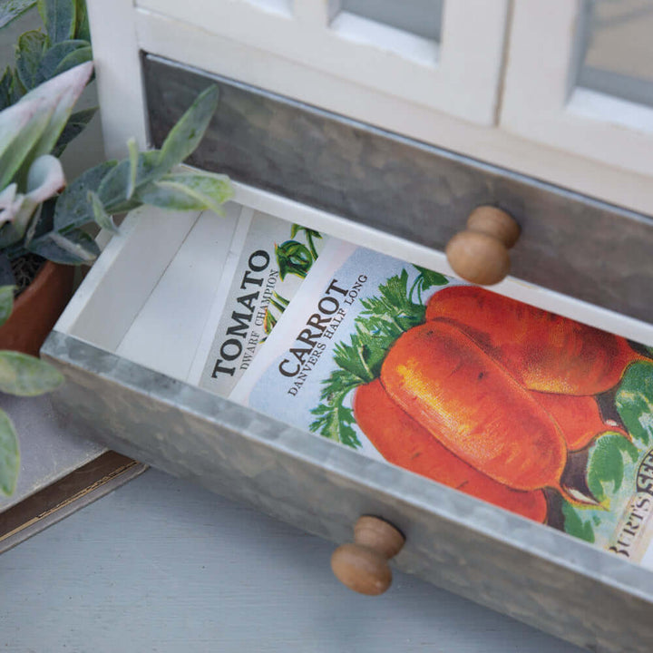 Vintage seed packets for tomatoes and carrots neatly stored in a drawer of a rustic farmhouse greenhouse lantern.