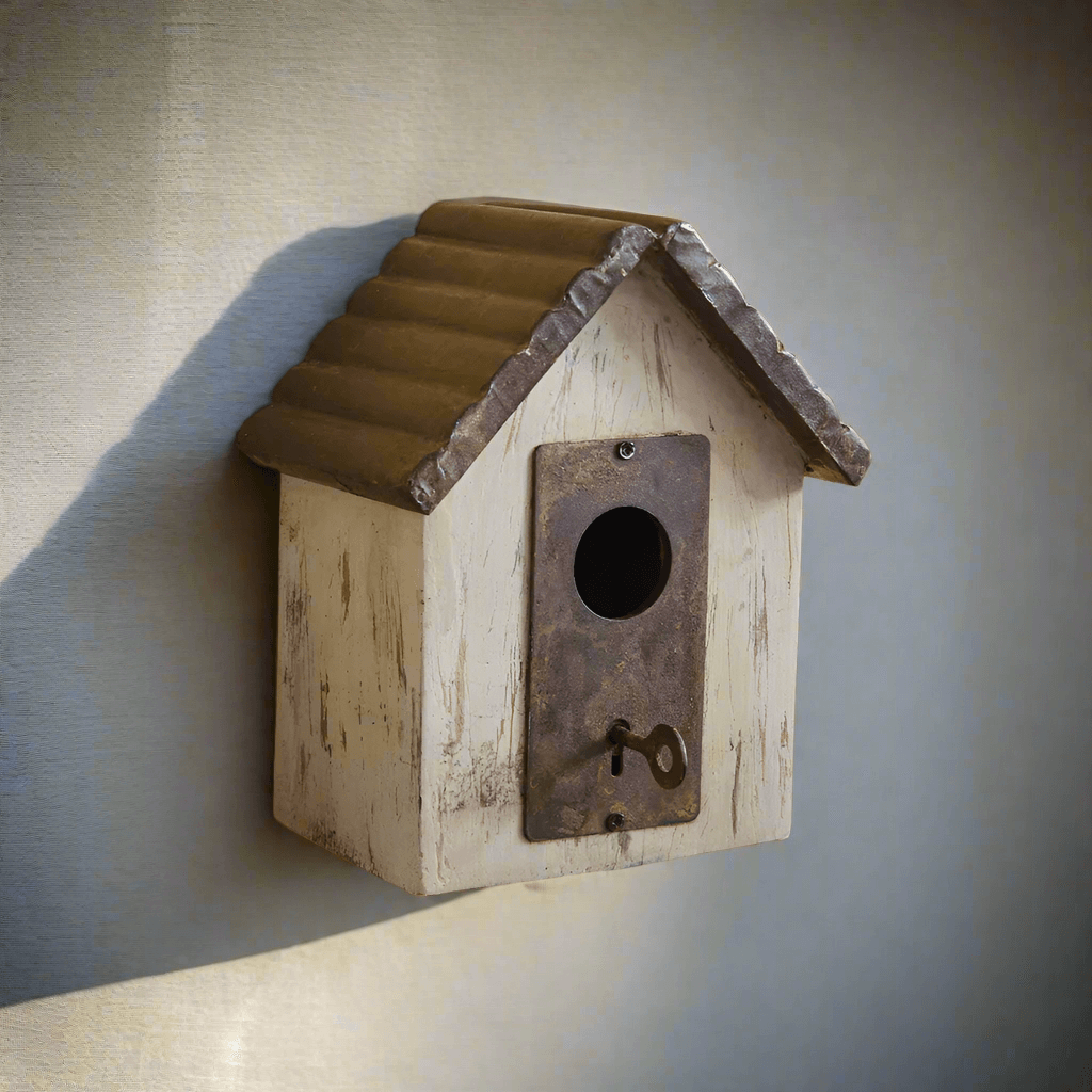 Rustic farmhouse wooden birdhouse with distressed finish and corrugated metal roof, ideal for vintage garden decor.