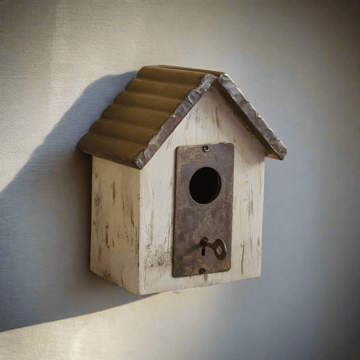 Rustic farmhouse wooden birdhouse with distressed finish and corrugated metal roof, ideal for vintage garden decor.