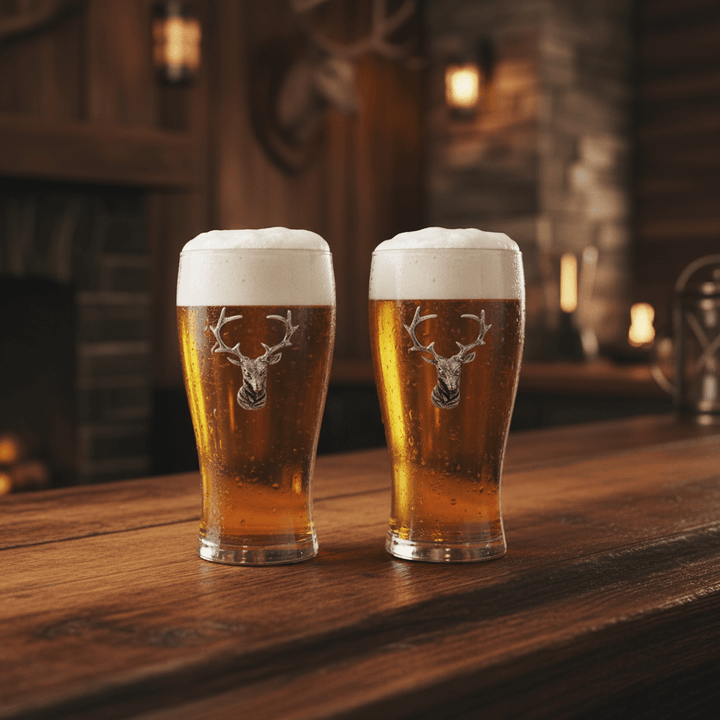 Two glasses of beer with a deer head emblem on a wooden bar.