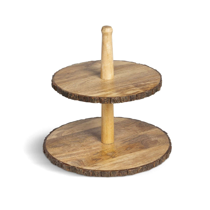 Two-tiered wooden stand with a central pole on a white background