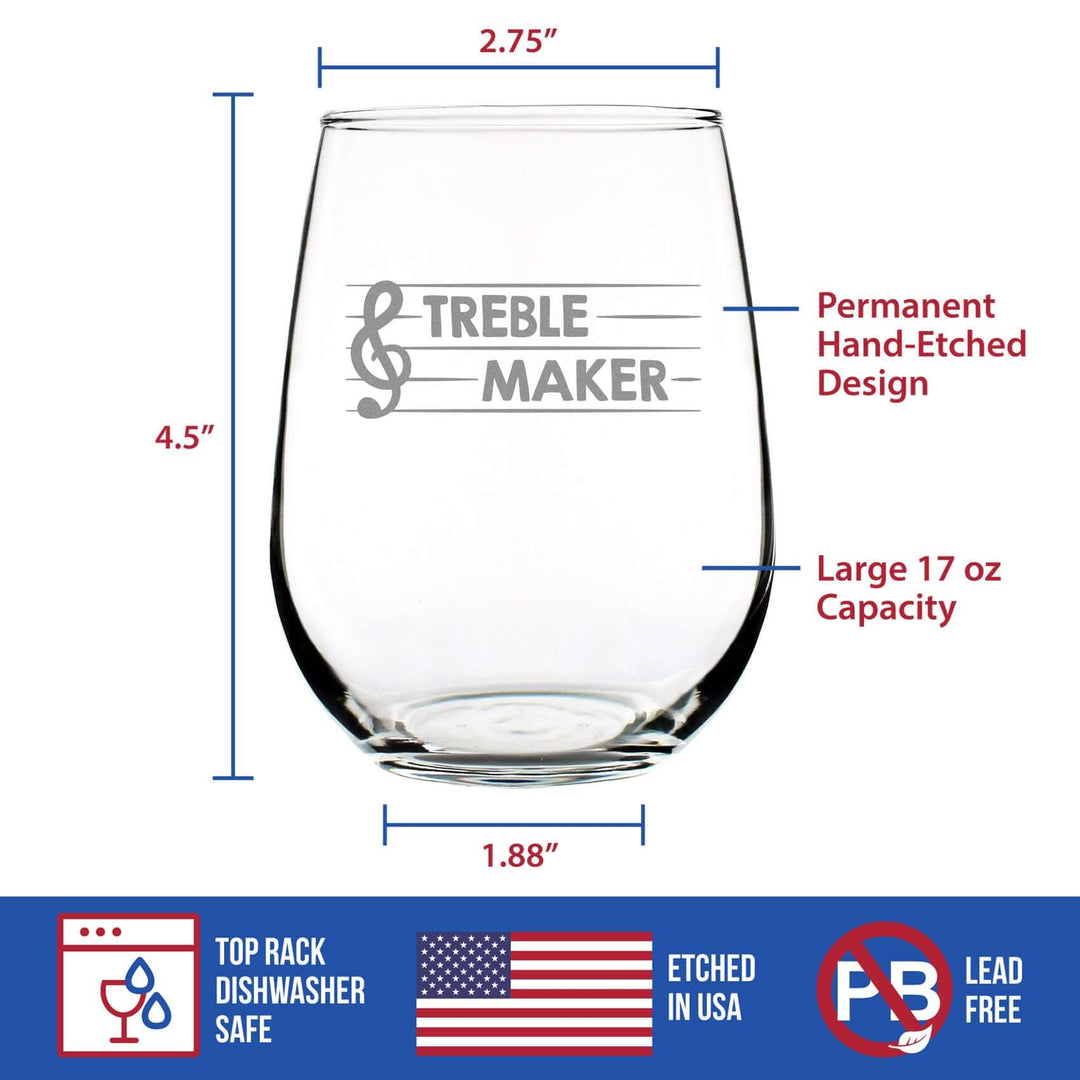 Treble Maker – Stemless Wine Glass - Cute Funny Music Teacher Gifts for Women and Men - Fun Unique Musical Decor - Large