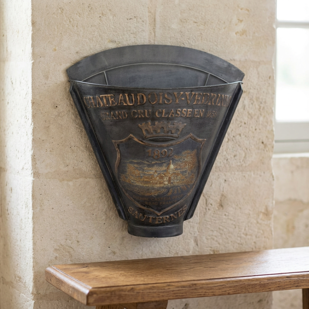 Sauternes metal wall planter in Weathered Black with gold-toned crest and lettering mounted on a pale stone wall.