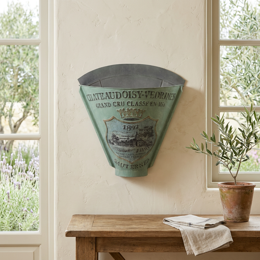 Sauternes metal wall planter in Antiqued Green displayed above an oak console in a sunroom, with vineyard-inspired lettering and crest.