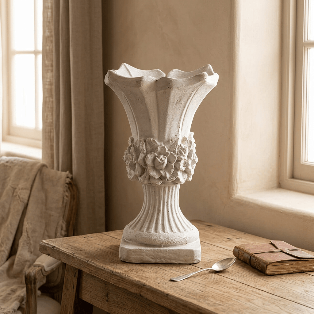 Pale distressed scalloped floral urn planter on an oak console, showing its raised flower band and fluted pedestal.