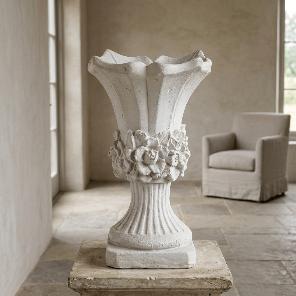 Scalloped floral urn planter displayed empty on a stone plinth in a softly lit neutral sunroom.