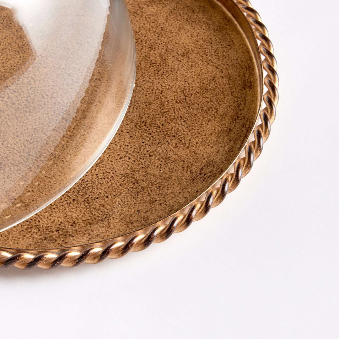 Small Vintage Glass Cloche with Gold Braided Tray close up of tray