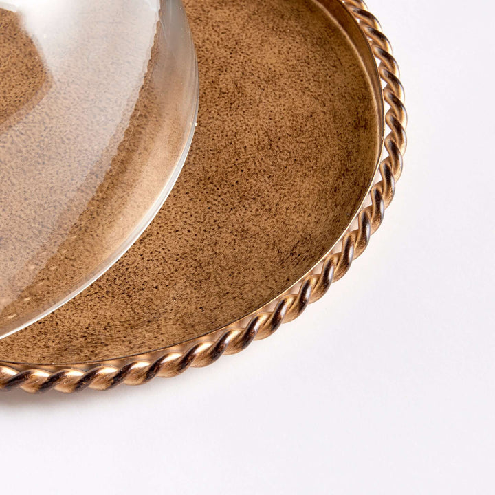 Small Vintage Glass Cloche with Gold Braided Tray close up of tray