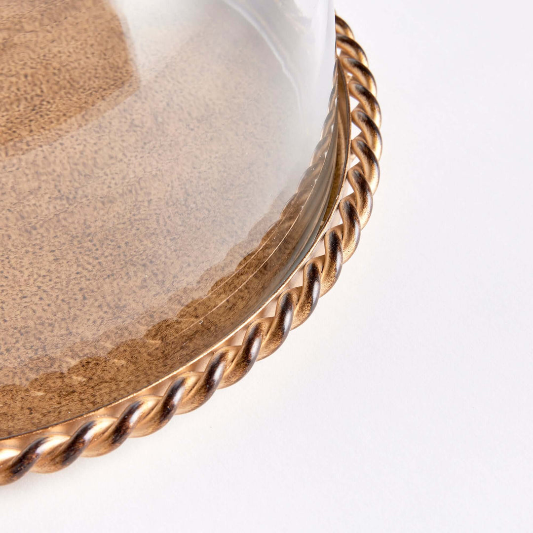 Small Vintage Glass Cloche with Gold Braided Tray, close up of tray and glass