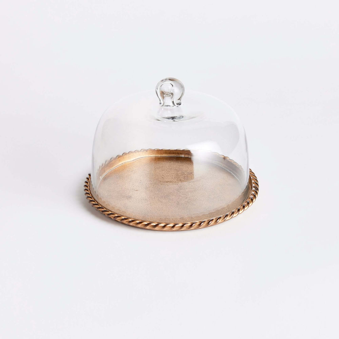 Small Vintage Glass Cloche with Gold Braided Tray on white