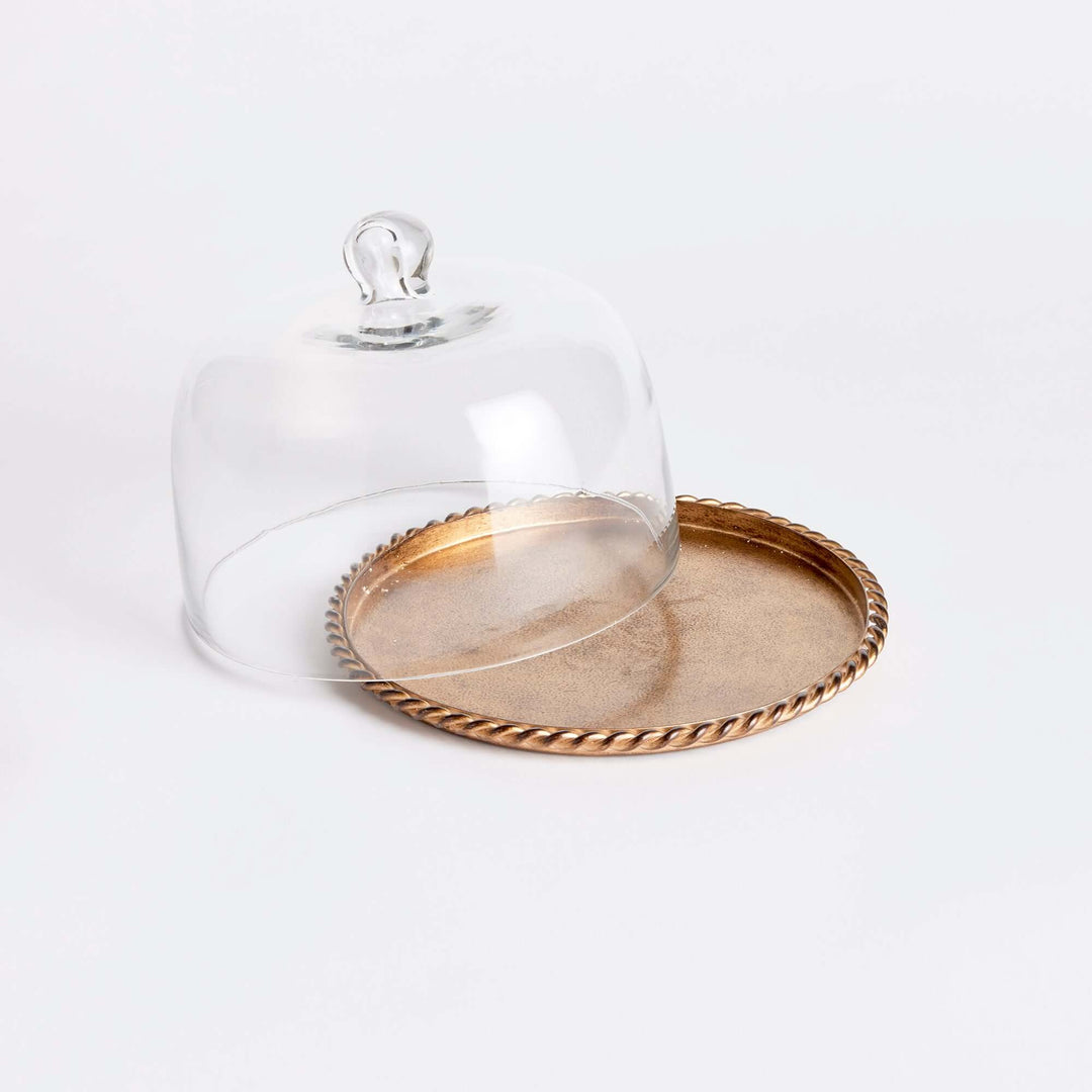 Small Vintage Glass Cloche with Gold Braided Tray on white with the lid removed