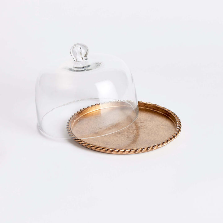 Small Vintage Glass Cloche with Gold Braided Tray on white with the lid removed