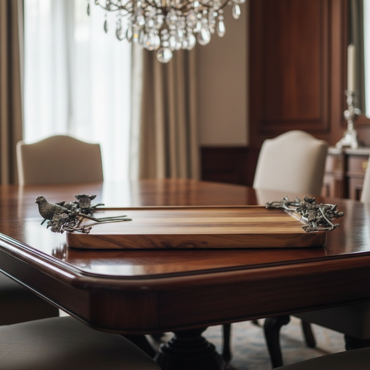 Dining room with a wooden table and chairs, featuring serving tray on the table.
