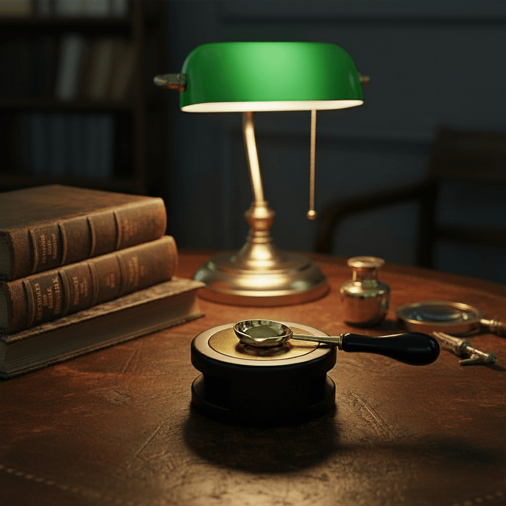 Vintage-style desk with green lamp, books, sealing wax warmer and spoon and magnifying glass on a dark background