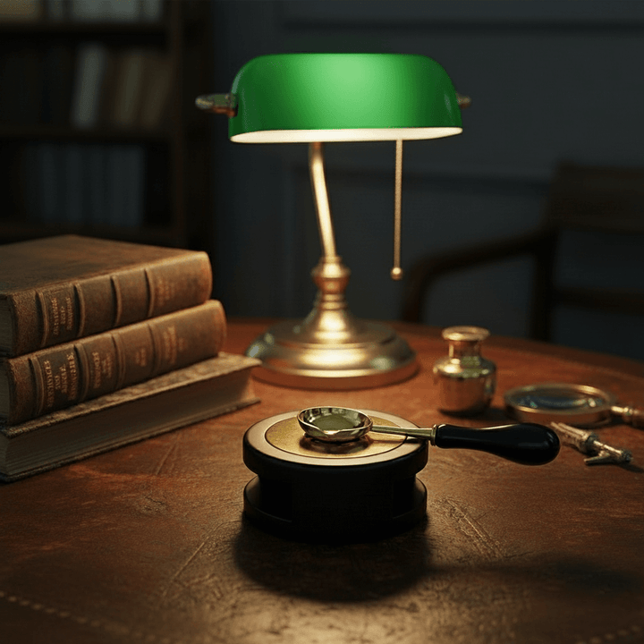 Vintage-style desk with green lamp, books, sealing wax warmer and spoon and magnifying glass on a dark background