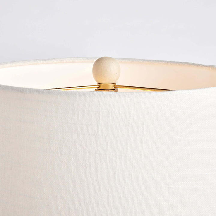 Teardrop Rattan Table Lamp with White Linen Shade with focus on the top of the shade