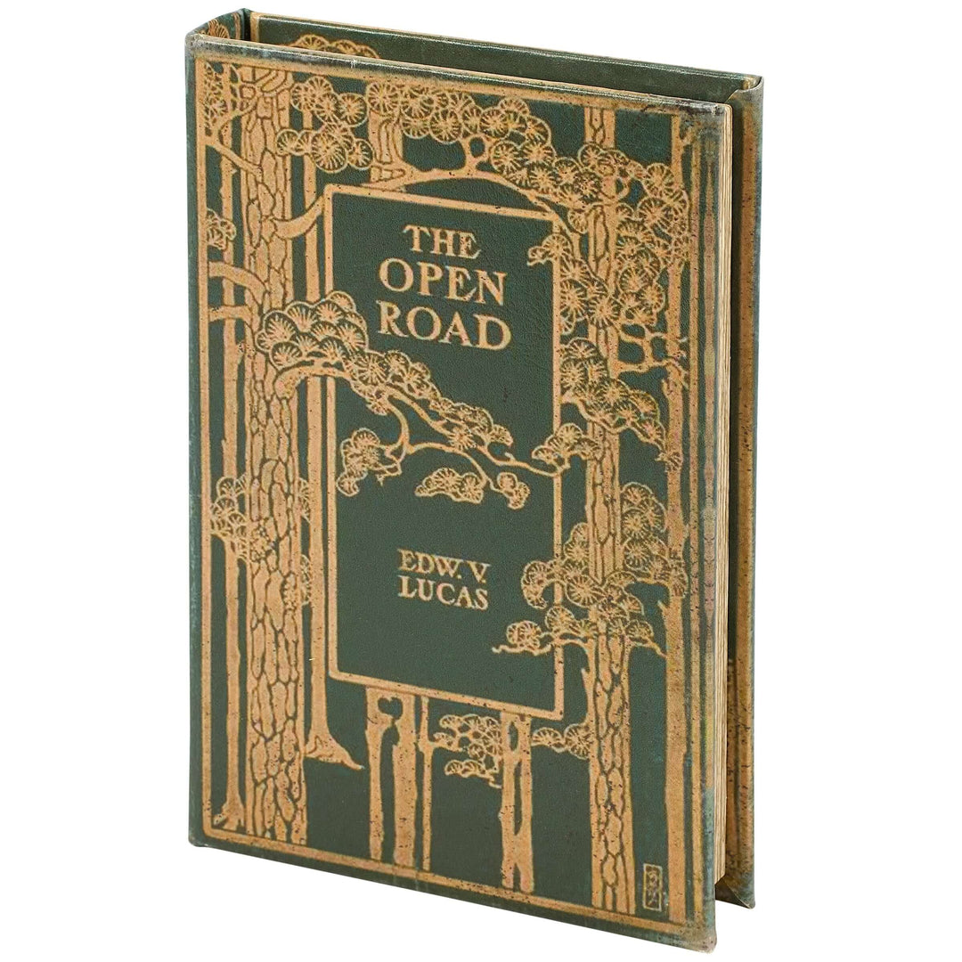 Decorative book titled 'The Open Road' by Edw. V. Lucas with green cover and gold illustrations.