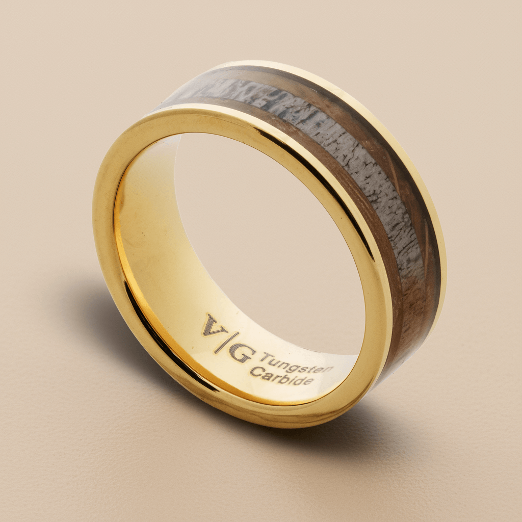 Gold ring with wooden inlay on a beige background