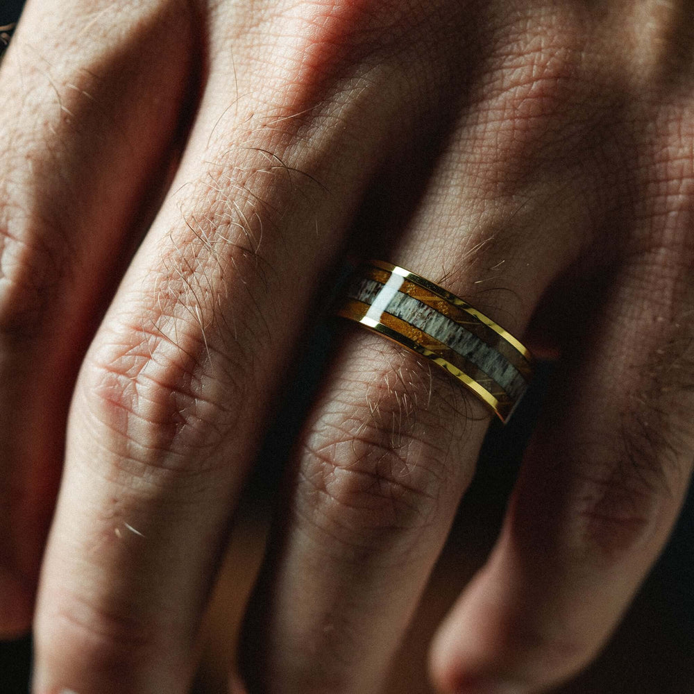 Close-up of a hand wearing a ring with a textured band