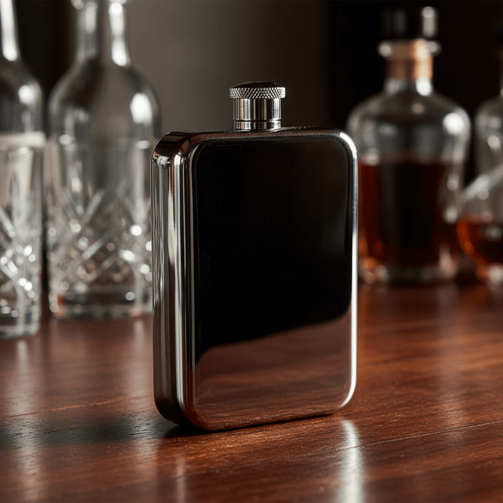 Pewter hip flask on a bar with blurred bottles and glasses in the background