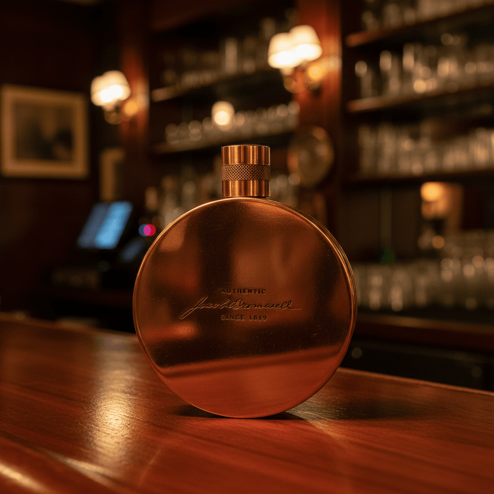 Copper flask on a bar counter with a blurred bar background