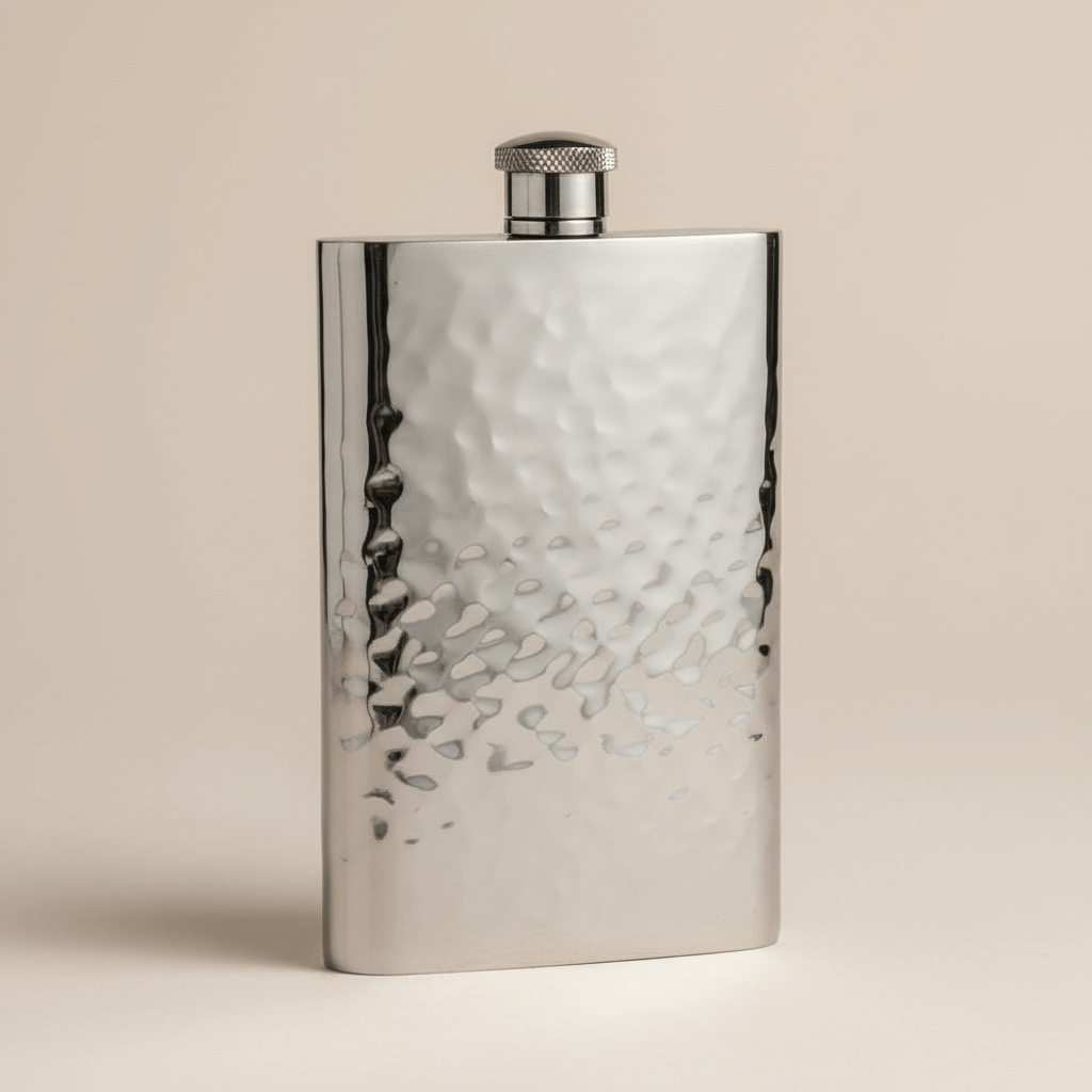 Pewter hip flask with hammered finish on a beige background