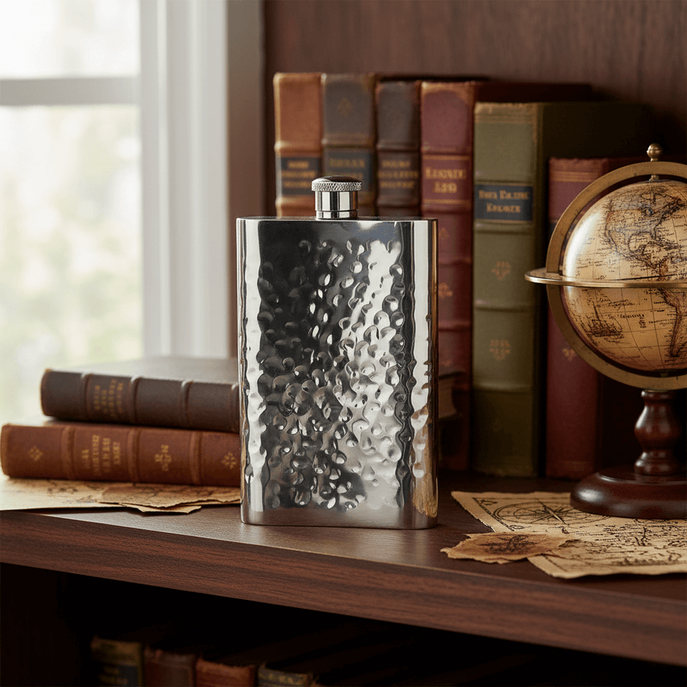 Silver flask with textured surface on a wooden shelf with books and a globe.