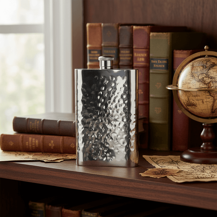 Silver flask with textured surface on a wooden shelf with books and a globe.
