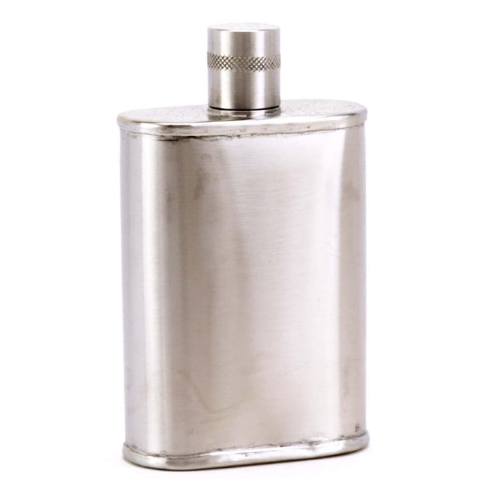 Silver flask with a metallic cap on a white background