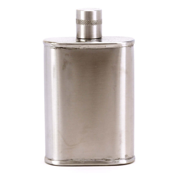 Silver flask with a textured cap on a white background