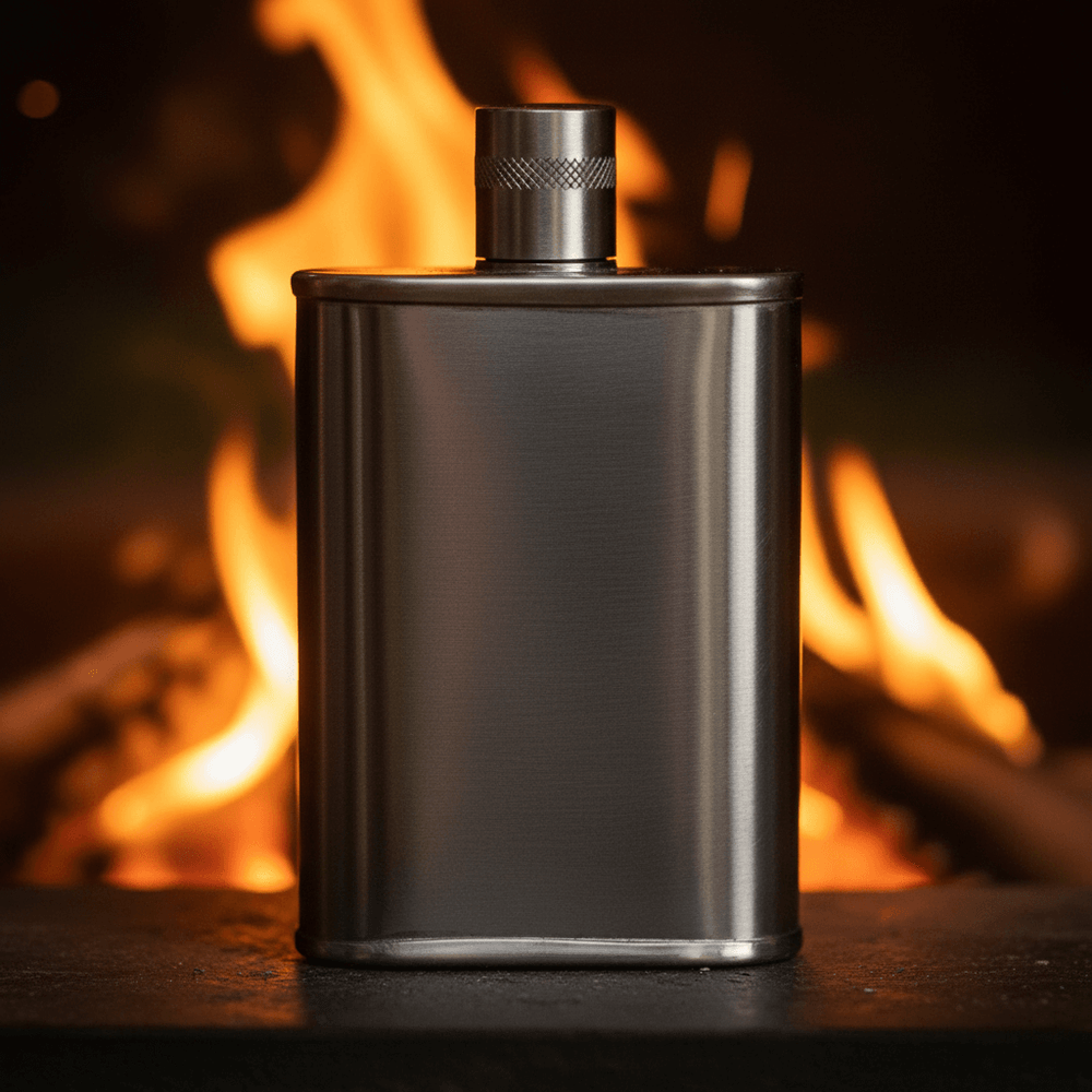 Metallic flask with a fire in the background
