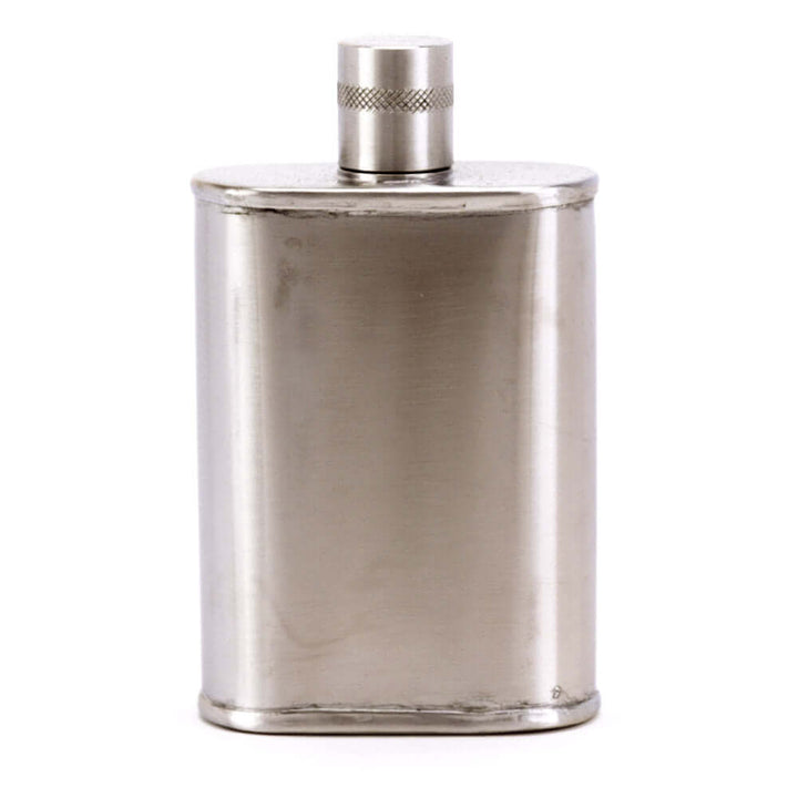 Silver flask with a metallic finish on a white background