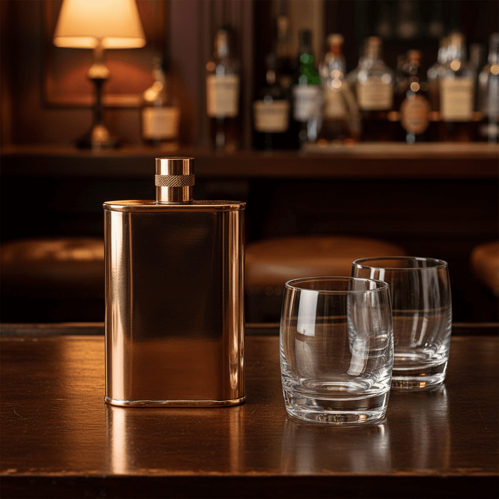 Copper flask and glasses on a bar counter with bottles in the background