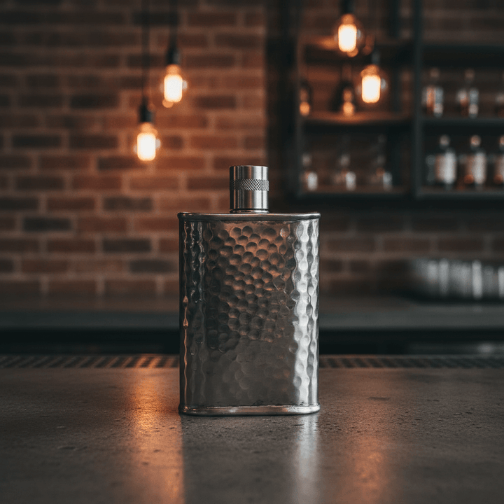 Hammered metal flask on a bar counter with a brick wall and hanging lights in the background