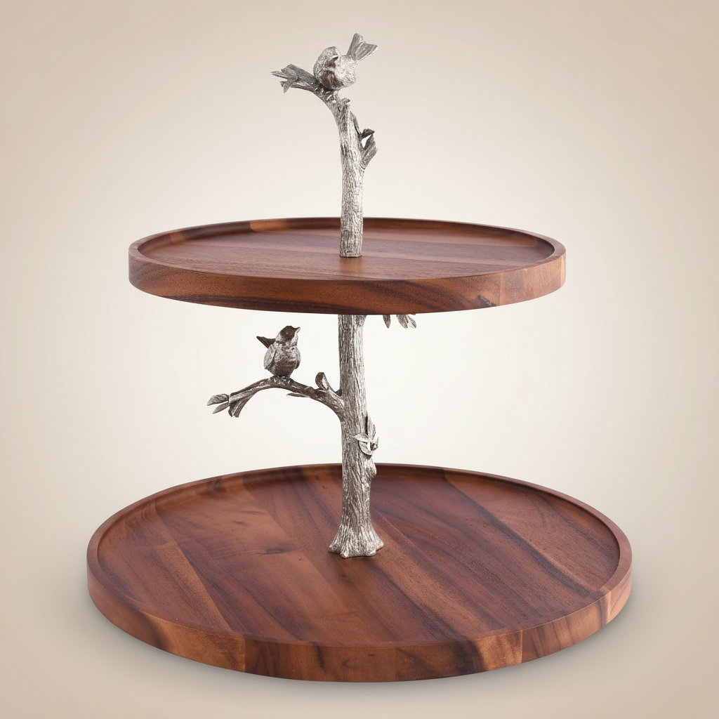 Two-tiered wooden tray with silver tree branch and bird decorations on a beige background