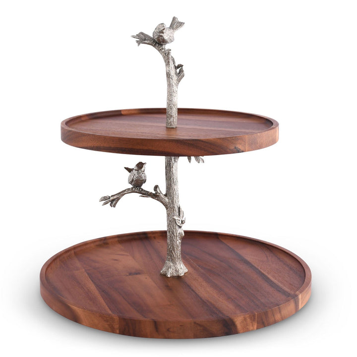 Two-Tier Song Bird Serving Stand in Acacia Wood and Pewter