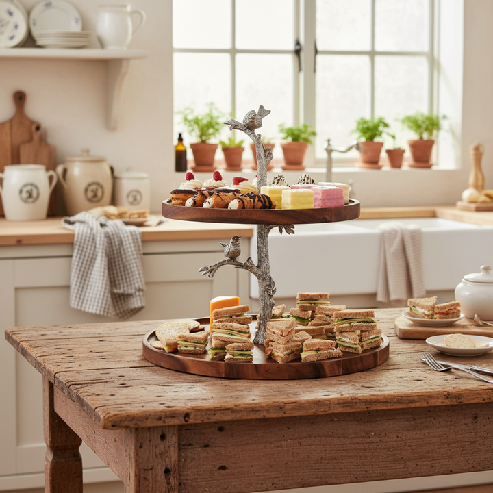 Wooden table with a tiered stand displaying sandwiches and pastries in a kitchen setting.