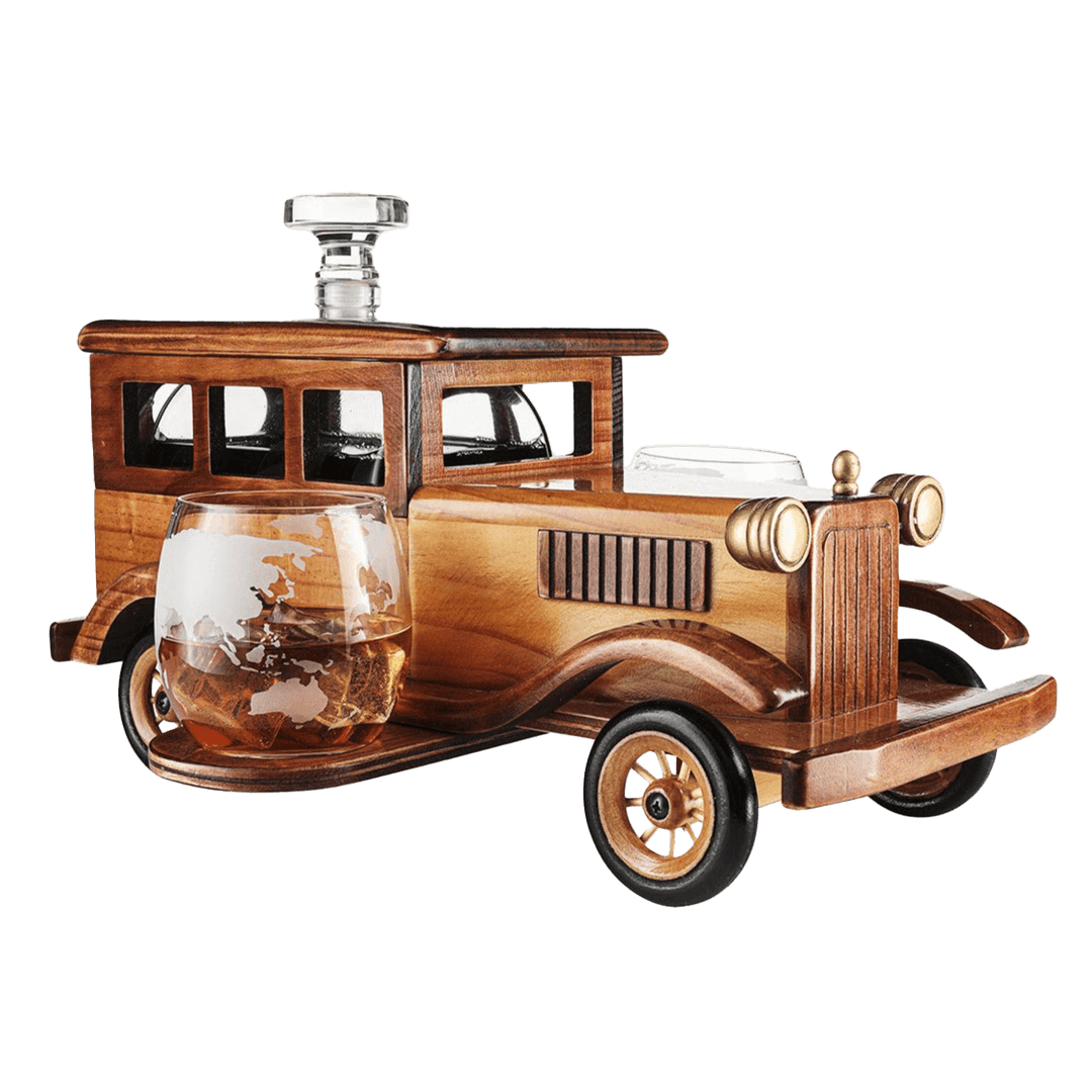 Wooden car-shaped decanter with glasses on a white background