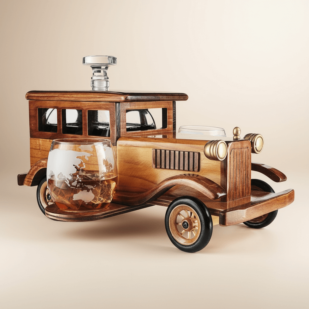 Wooden car-shaped decanter with glasses on a beige background