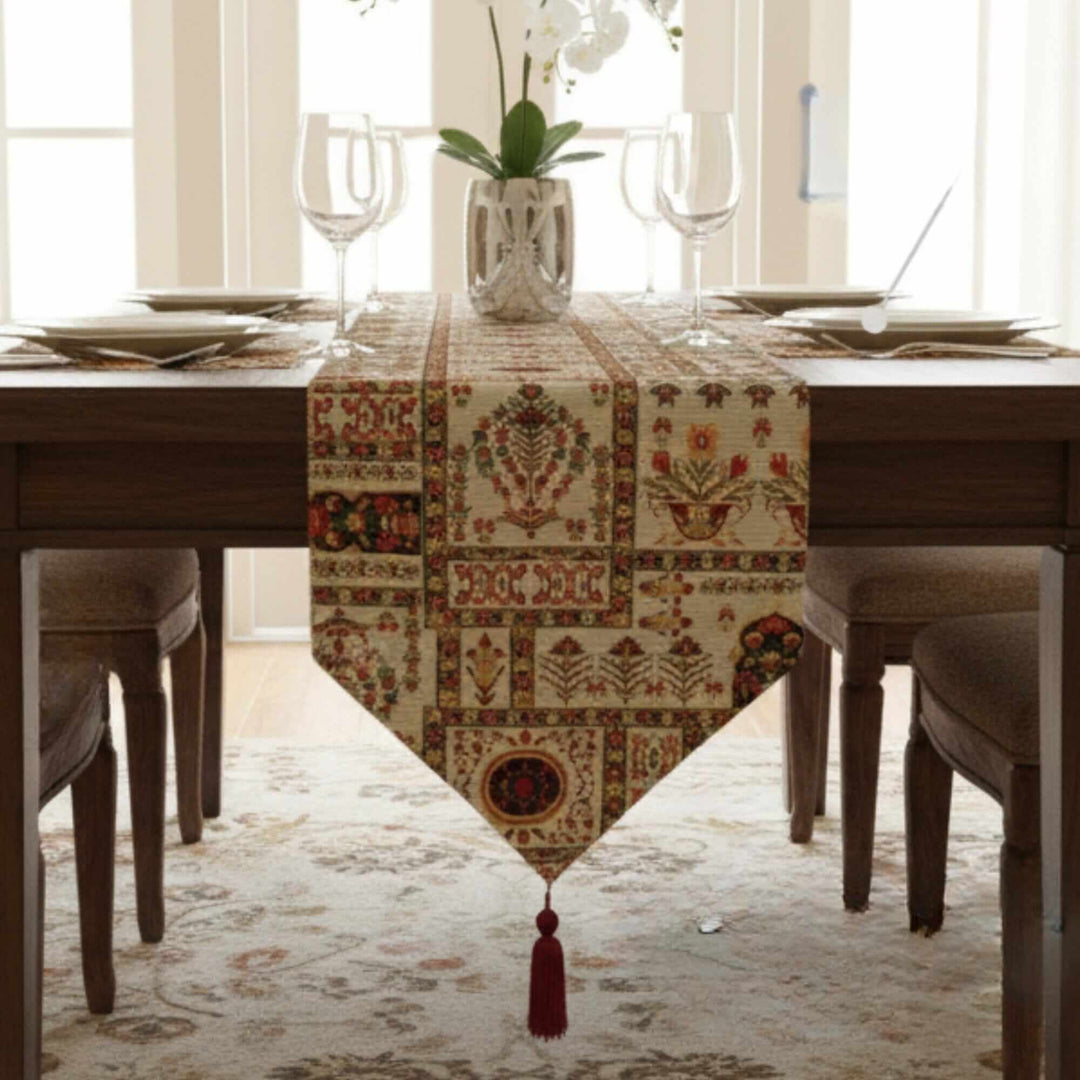 DaDalogy Bedding Cottage Mughal Floral Woven Tapestry Table Runner, Light Fleur White Botanical Vintage (18196)