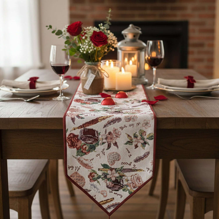 DaDa Bedding Sweet Heart Love Notes Pink Floral Woven Tapestry Dining Table Runner 18273 displayed on romantic table setting