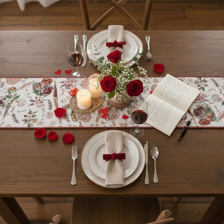Romantic dining setup with DaDa Bedding Sweet Heart Love Notes Pink Floral Woven Tapestry Dining Table Runner (18273) elegantly displayed.