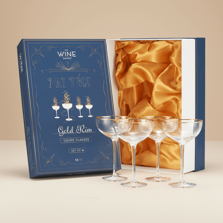 Set of four wine glasses in front of a blue box with gold interior