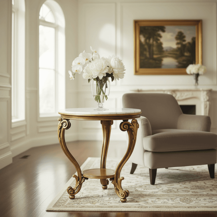 Italian Neoclassical Gold Leaf Side Table in elegant living room setting