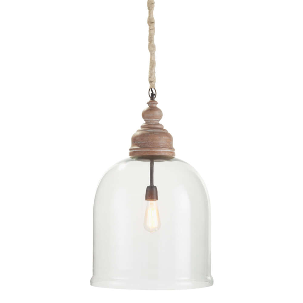 Farmhouse glass cloche pendant light with rustic wood accent and clear bell-shaped shade.