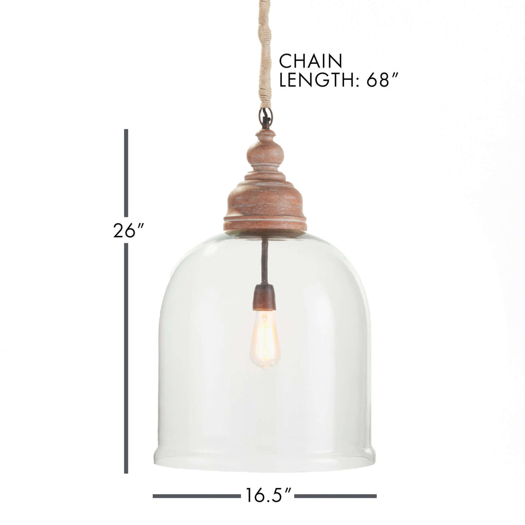 Farmhouse glass cloche pendant light with rustic wood accent, dimensions 26" tall, 16.5" wide, 68" chain length.